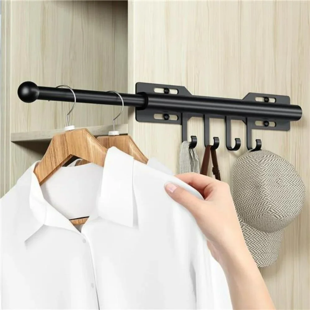 Pull Out Closet Valet Rod 12 Inch Retractable Clothes Hanger with 4 Hooks Silver